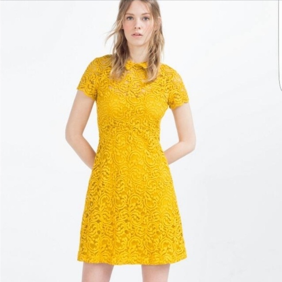 Zara Basics Mustard Yellow Lace Empire Waist Mini Dress. Size S - Picture 2 of 10